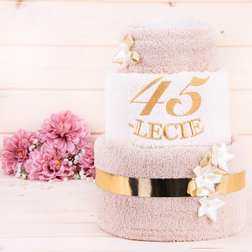 Tort z ręczników 3 poziomowy z haftem 45 lecie wzór 1 w kolorach jasny beż, ecru, jasny beż