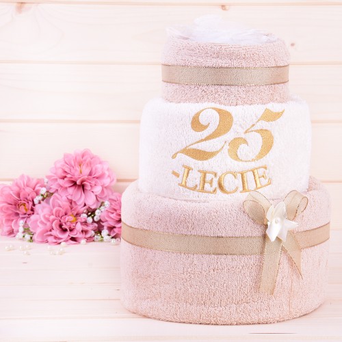Tort z ręczników 3 poziomowy z haftem 25 lecie wzór 1 w kolorach jasny beż, ecru, jasny beż