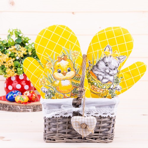 Rękawica kuchenna dwustronna – wielkanocny motyw kurki i zajączka