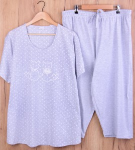 Piżama damska z krótkim rękawem i 3/4 spodnie 408462 rozm: 4XL białe kropeczki na jasnoszarym tle