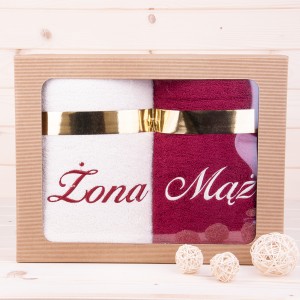 Komplet ręczników 2*70x140 cm z haftem Żona Mąż wzór 2 w kolorach: ecru/bordo