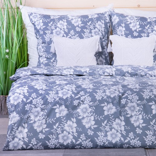 Pościel bawełniana 160x200 cm Białe kwiaty na szarym