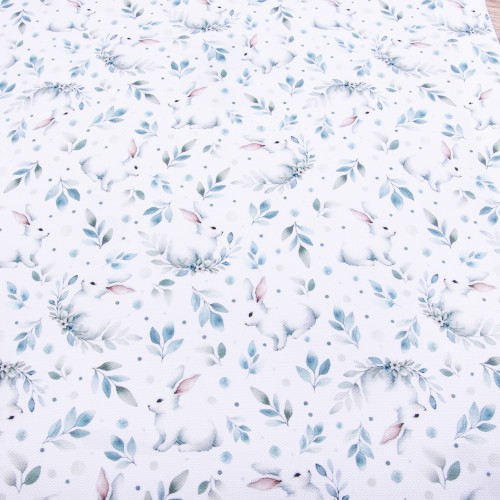 Obrus wielkanocny 130x200 cm z motywem zajączków. Dekoracyjny obrus z tkaniny SOFT, szyty w pierzynkowej szwalni.