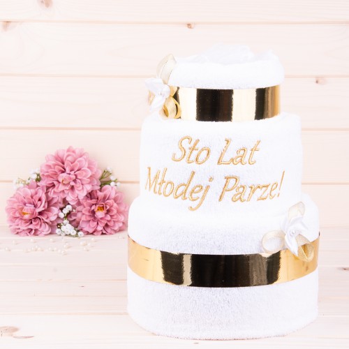 Tort z ręczników 3 poziomowy z haftem Sto lat Młodej Parze wzór 2 w kolorze białym