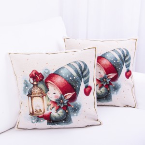 Poszewka świąteczna gobelinowa 42x42 cm Elf z laterenką na kremowo-złotym tle