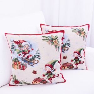 Poszewka świąteczna gobelinowa 42x42 cm Elf z prezentami czerwono-zielona