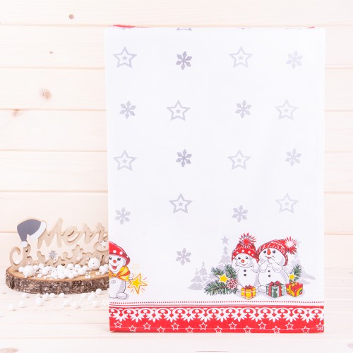 Ścierka świąteczna Bałwanki czerwona na białym tle