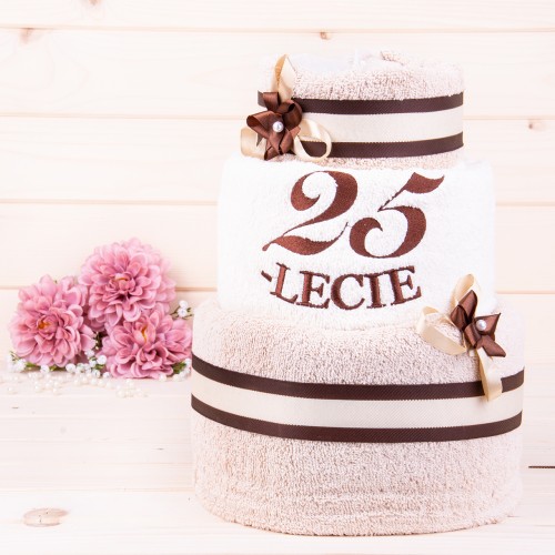 Tort z ręczników 3 poziomowy z haftem 25 lecie wzór 2 w kolorach jasny beż, ecru, jasny beż
