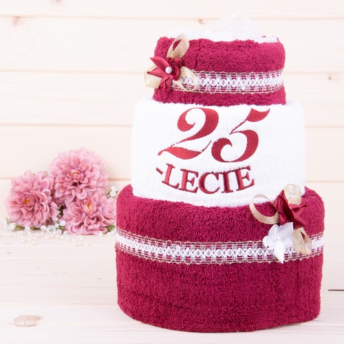 Tort z ręczników 3 poziomowy z haftem 25 lecie wzór 3 w kolorach bordo, biały, bordo