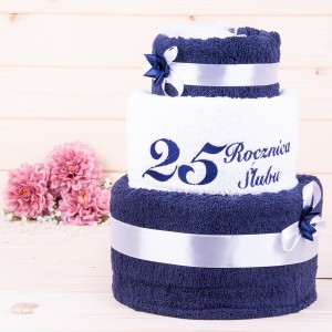 Tort z ręczników 3 poziomowy z haftem 25 rocznica ślubu w kolorach granat, biały, granat