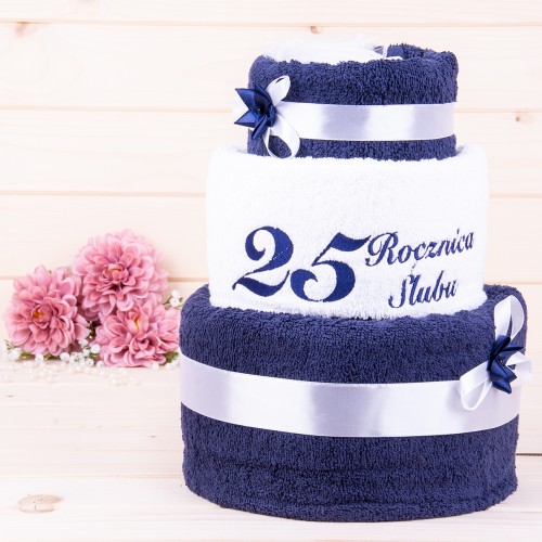 Tort z ręczników 3 poziomowy z haftem 25 rocznica ślubu w kolorach granat, biały, granat