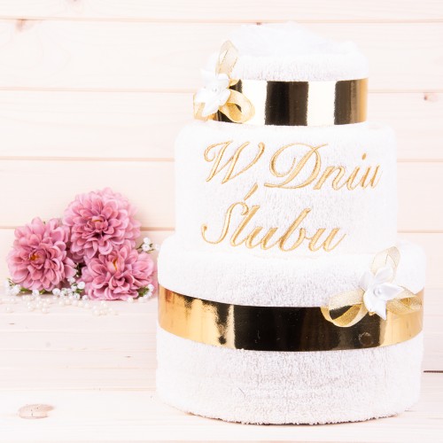 Tort z ręczników 3 poziomowy z haftem W dniu ślubu w kolorze ecru