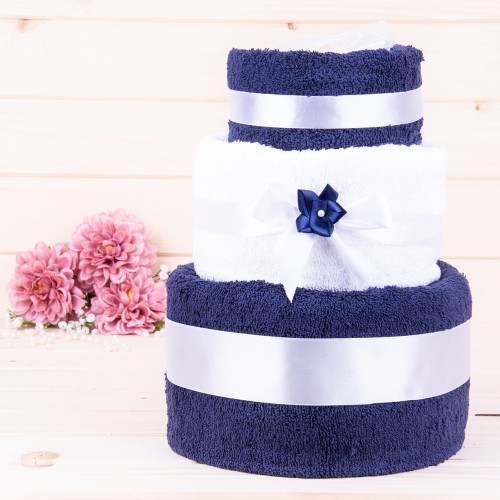 Tort z ręczników 3 poziomowy granat, biały, granat