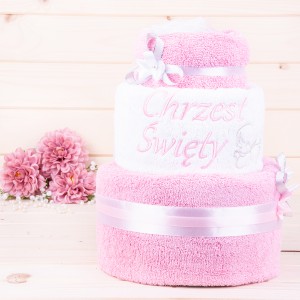 Tort z ręczników 3 poziomowy z haftem Chrzest Święty wzór 1 w kolorach róż, biały, róż