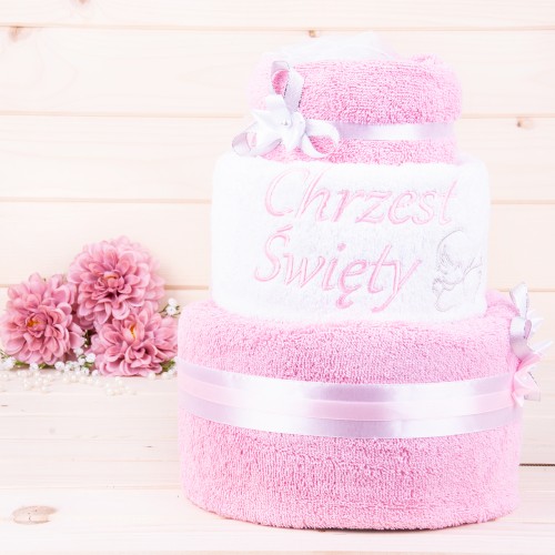 Tort z ręczników 3 poziomowy z haftem Chrzest Święty wzór 1 w kolorach róż, biały, róż
