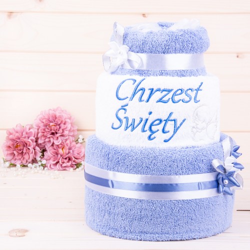 Tort z ręczników 3 poziomowy z haftem Chrzest Święty wzór 2 w kolorach niebieski, biały, niebieski