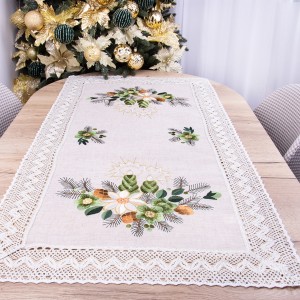 Bieżnik świąteczny z koronką 60x120 cm YM81549A Zielone haftowane świece na beżowym tle