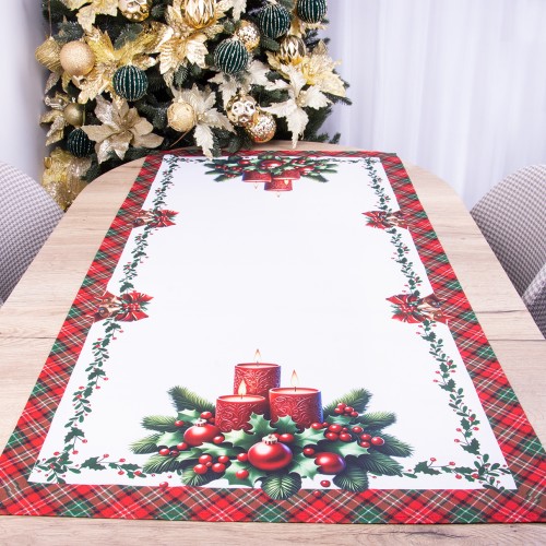 Bieżnik świąteczny drukowany 60x120 cm PX-224 Świąteczny stroik z czerwonymi świecami