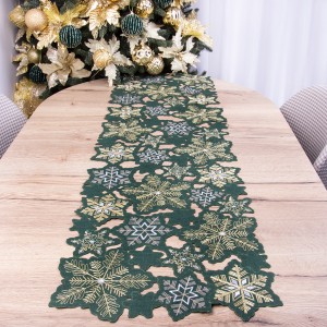 Pas świąteczny haftowany 40x150 cm RXH23091-2 Śnieżynki na zielonym tle