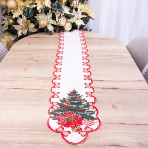 Pas świąteczny haftowany 20x160 cm wzór 952 Zielone choinki na białym tle