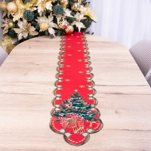 Pas świąteczny haftowany 20x160 cm wzór 952 Zielone choinki na czerwonym tle