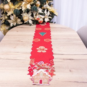 Pas świąteczny haftowany 20x160 cm wzór 948 Świąteczne łakocie na czerwonym tle