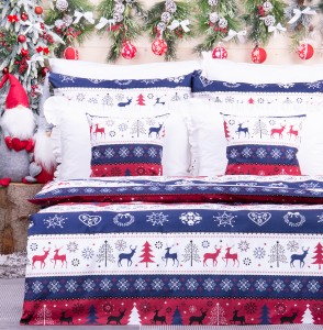 Pościel świąteczna 140x200 cm wzór 7 Renifery w pasach bordowo-granatowo-białych