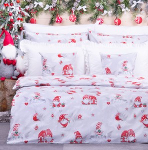 Pościel świąteczna 160x200 cm wzór 30 Czerwone krasnale w kuli śnieżnej na szarym tle