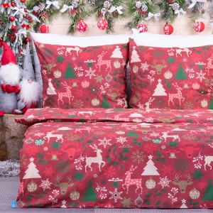 Pościel świąteczna 140x200 cm wzór 120 Renifery i choinki na bordowym tle