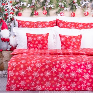 Pościel świąteczna 160x200 cm wzór 55 Białe i złote śnieżynki na czerwonym tle