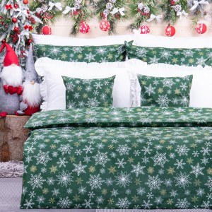 Pościel świąteczna 140x200 cm wzór 58 Białe i złote śnieżynki na ciemnozielonym tle