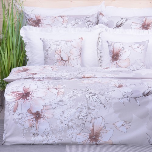 Pościel bawełniana 160x200 cm Beżowoszare kwiaty