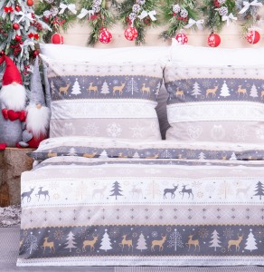 Pościel świąteczna 140x200 cm wzór 8 Renifery na pasach beżowo-grafitowo-białych
