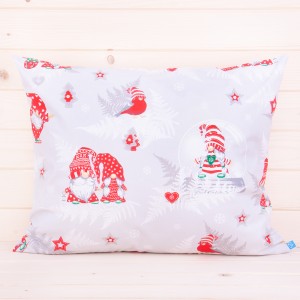 Poszewka świąteczna 50x70 cm wzór 30 Czerwone krasnale w kuli śnieżnej na szarym tle