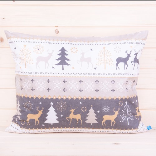 Poszewka świąteczna 70x80 cm wzór 8 Renifery na pasach beżowo-grafitowo-białych