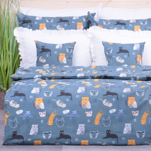 Pościel bawełniana 90x120 cm Kotki na ciemnej szałwii