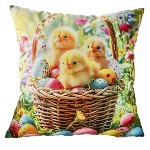 Poszewka wielkanocna 45x45 cm PE-E54 Wielkanocny koszyczek z kurczątkami i kolorowymi pisankami