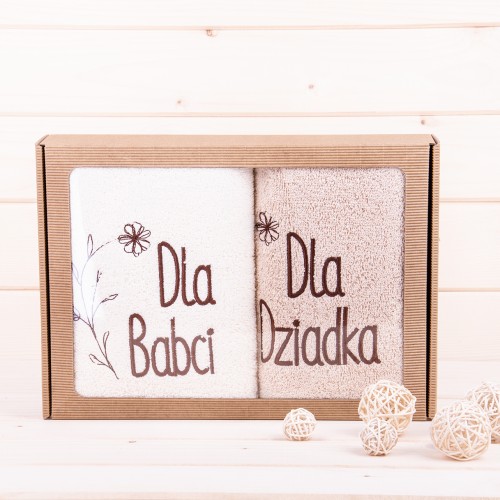 Komplet ręczników 2*50x100 cm Babcia Dziadek wzór 4 Ecru+beż