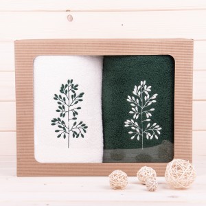 Komplet ręczników 2*70x140 cm Gałązka ecru + butelkowa zieleń