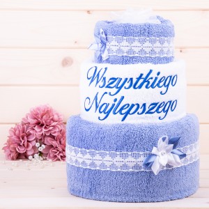 Tort z ręczników 3 poziomowy z haftem Wszystkiego najlepszego wzór 12 w kolorach niebieski, biały, niebieski