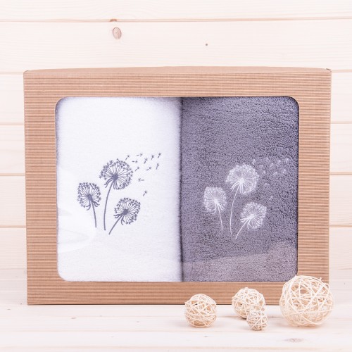 Komplet ręczników 2*70x140 cm Dmuchawce biały + szary wzór 1