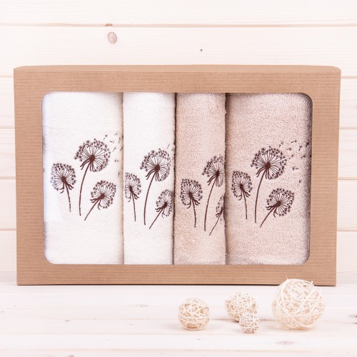 Komplet ręczników 4-częściowy 2x 70x140 cm + 2x 50x100 cm – kremowo-beżowy zestaw z haftem dmuchawca