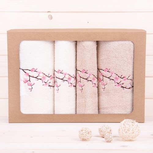 Komplet ręczników 4-częściowy 2x 70x140 cm + 2x 50x100 cm – kremowo-beżowy z haftem kwiatowym