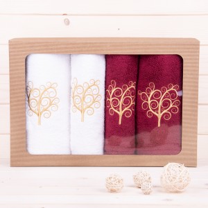 Komplet ręczników 2*50x100 cm + 2*70x140 cm Drzewo bordo + biały