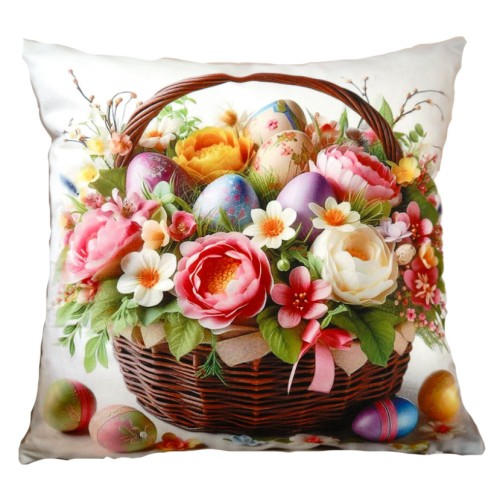 Poszewka wielkanocna 40x40 cm PE-176 Koszyk wielkanocny pełen kolorowych wiosennych kwiatów i pisanek