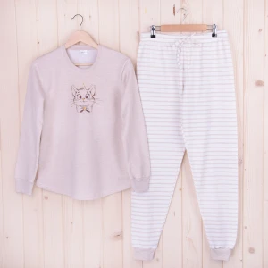 Piżama damska z długimi spodniami i rękawem 501041 rozm: S z kutnerkiem Kotek na beżu