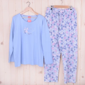 Piżama damska z długimi spodniami i rękawem NIEBIESKA w kwiatuszki rozm: 3XL Plus size