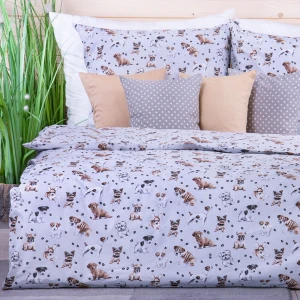 Pościel bawełniana 120x160 cm Pieski + łapki jasnoszara