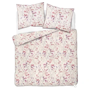 Pościel bawełniana Perkal 220x200 cm 5896A Łączka na białym tle z ozdobną fioletową lamówką