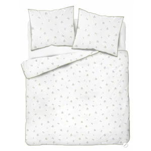Pościel bawełniana Perkal 160x200 cm 5897A Drobne kwiatuszki na białym tle z ozdobną zieloną lamówką